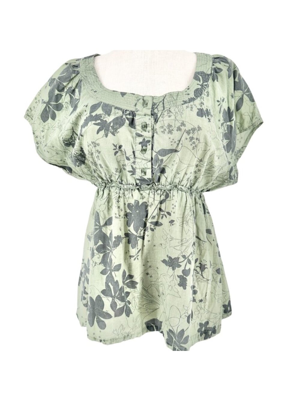 Venezia Blouse Womens 18/20 Green Floral Print Short Sleeve Elastic High Waist